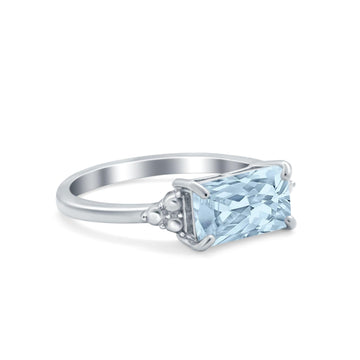Emerald Cut Sideways Ring Simulated Aquamarine CZ 925 Sterling Silver